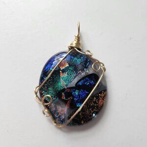 Handmade Wire Wrapped Dichroic Glass Pendant, Blue / Gold